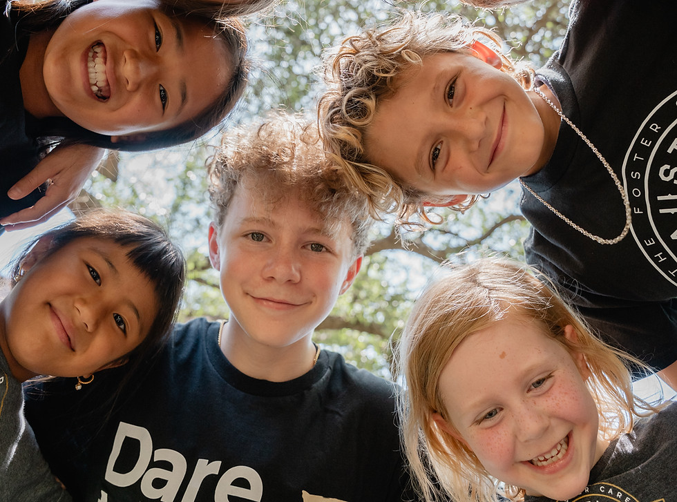 Children standing in a circle staring down at a camera.